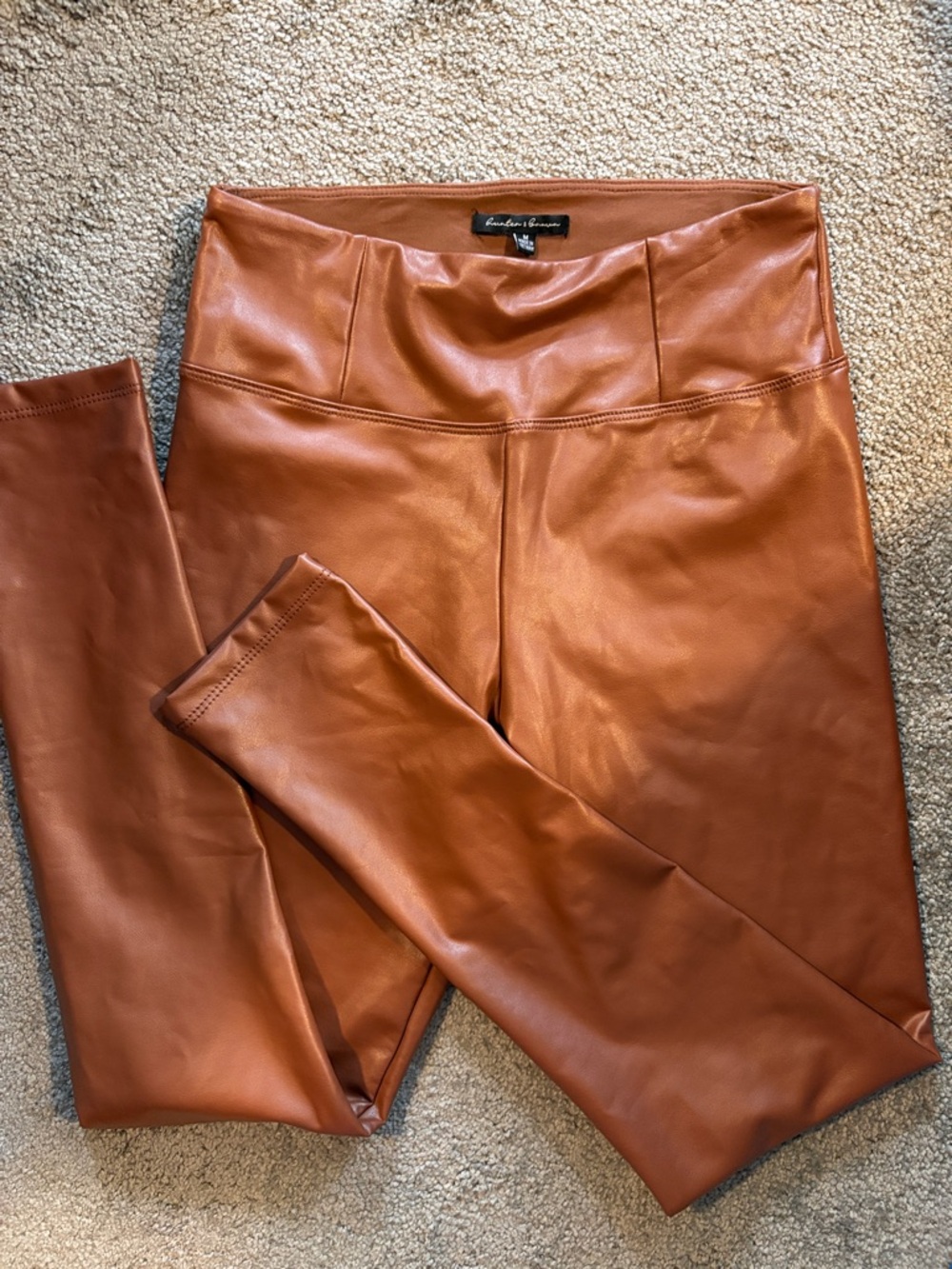 NWOT Hunter & Brown Faux Leather High-Rise Leggings in Cognac Brown. Sz Medium